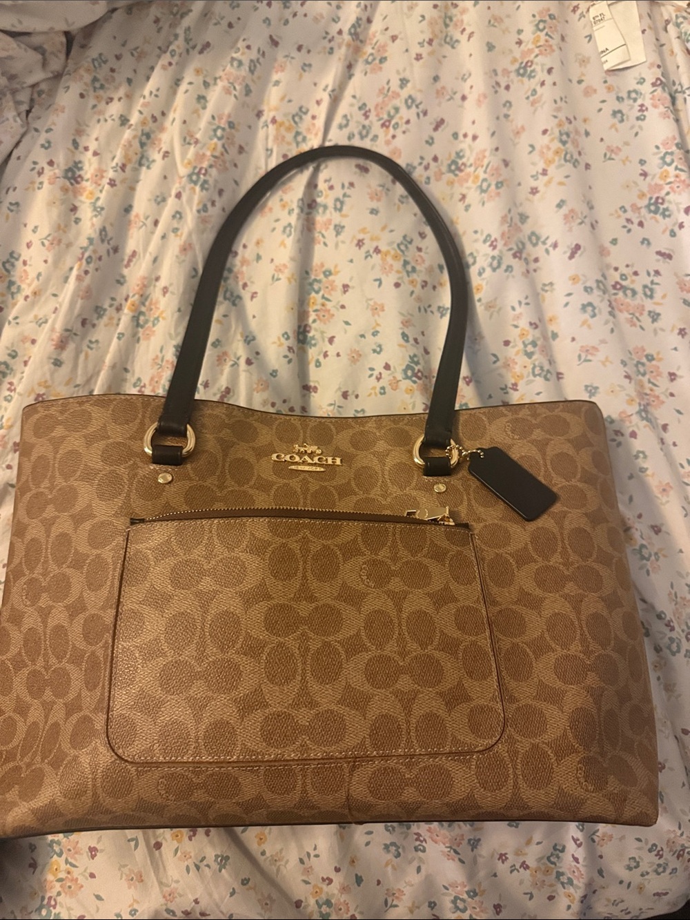 Coach Tan Signature Canvas Tote with Dark Brown Handles